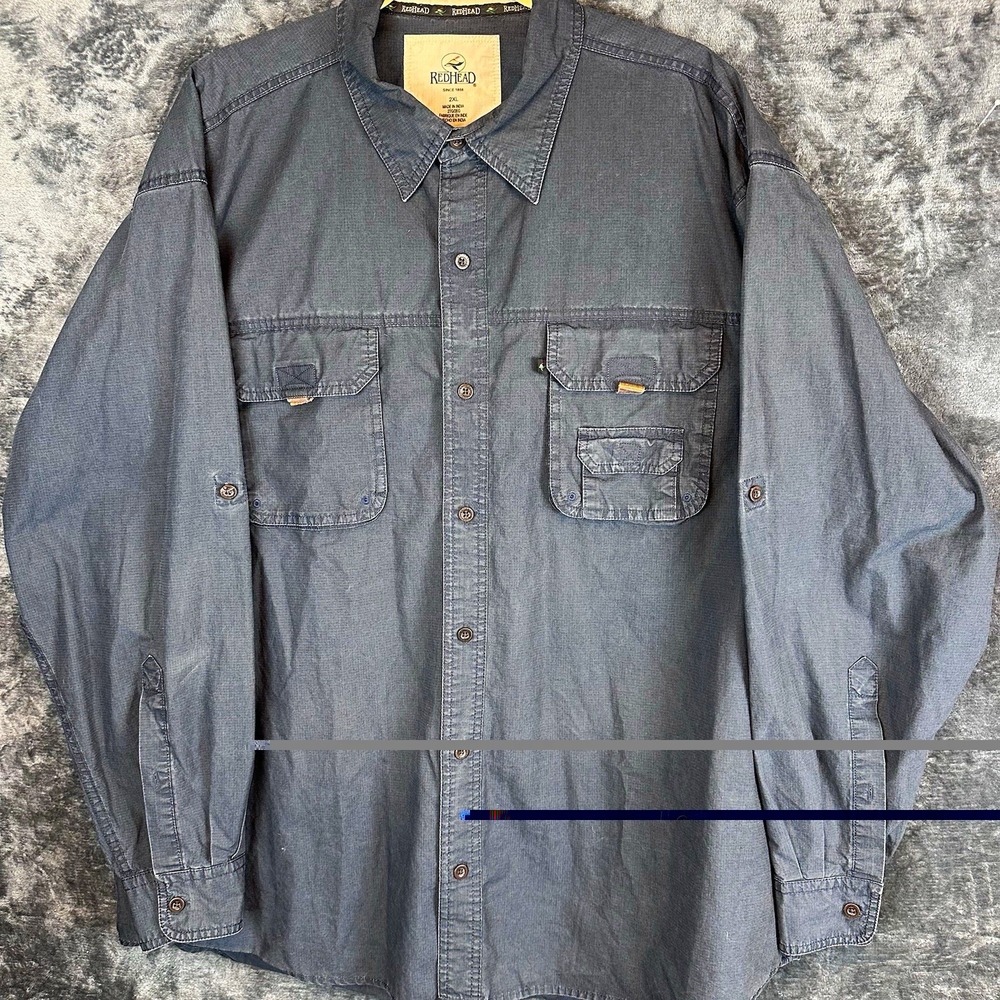 RedHead Men's 2XL Gray Ripstop Cotton Long Sleeve Button Up Shirt Pockets